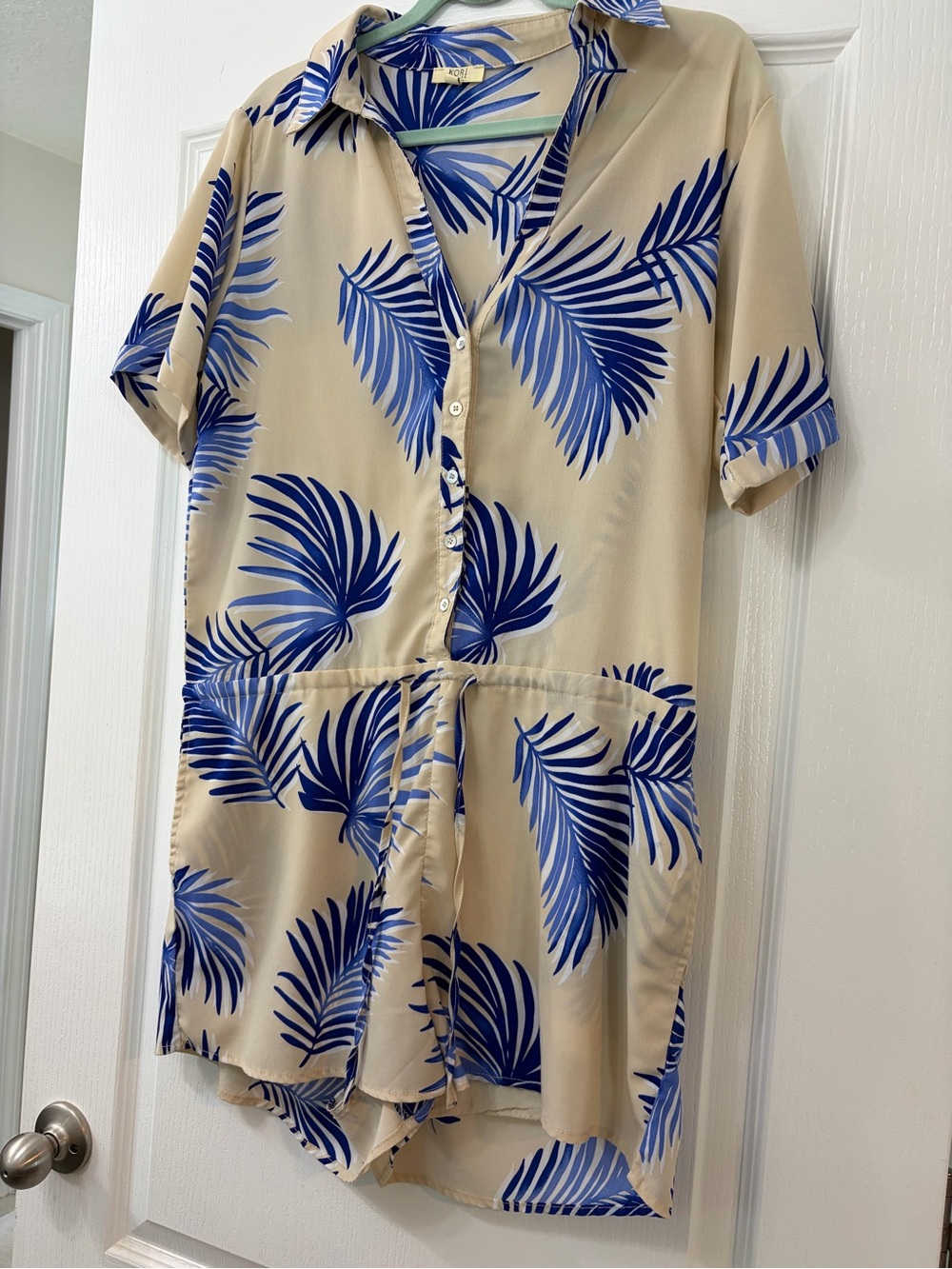 Kori Beige Short-Sleeve Romper with Blue Palm Print